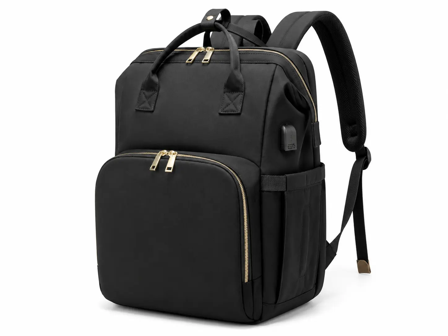 Black Waterproof Modern Baby Diaper Bag Backpack with Zip, Portable Changing Station, Large Capacity, Insulated Bottle Pockets, USB Charging Port, Laptop Compartment, Stroller Straps, Work & Travel Business Maternity Organizer for Parents, Oxford, Casual