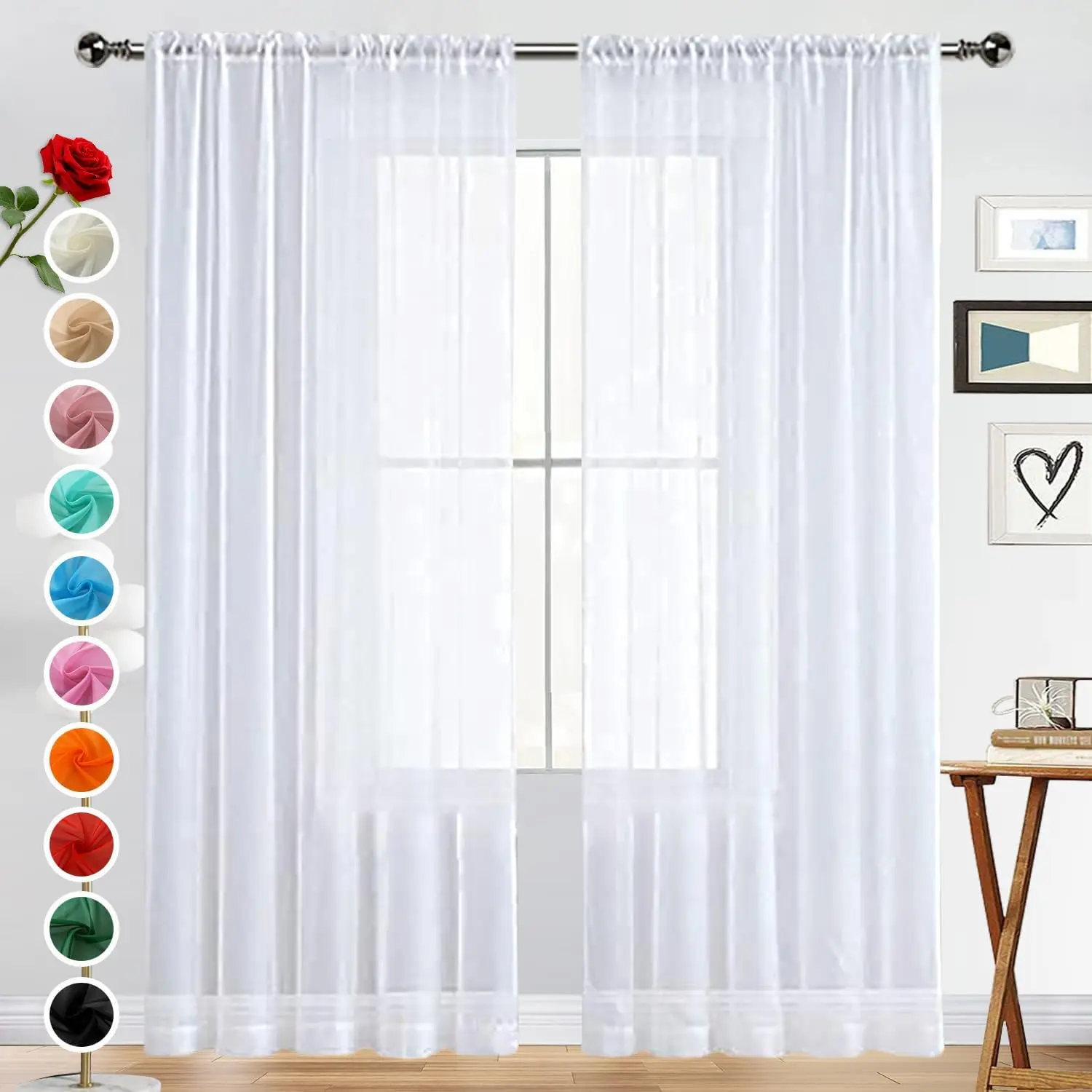 Rod Pocket Sheer Voile Window Curtain Panels, White 1 Pair (2 Panels) for Kitchen, Bedroom, Baby Room Household Textiles Curtain Accessories