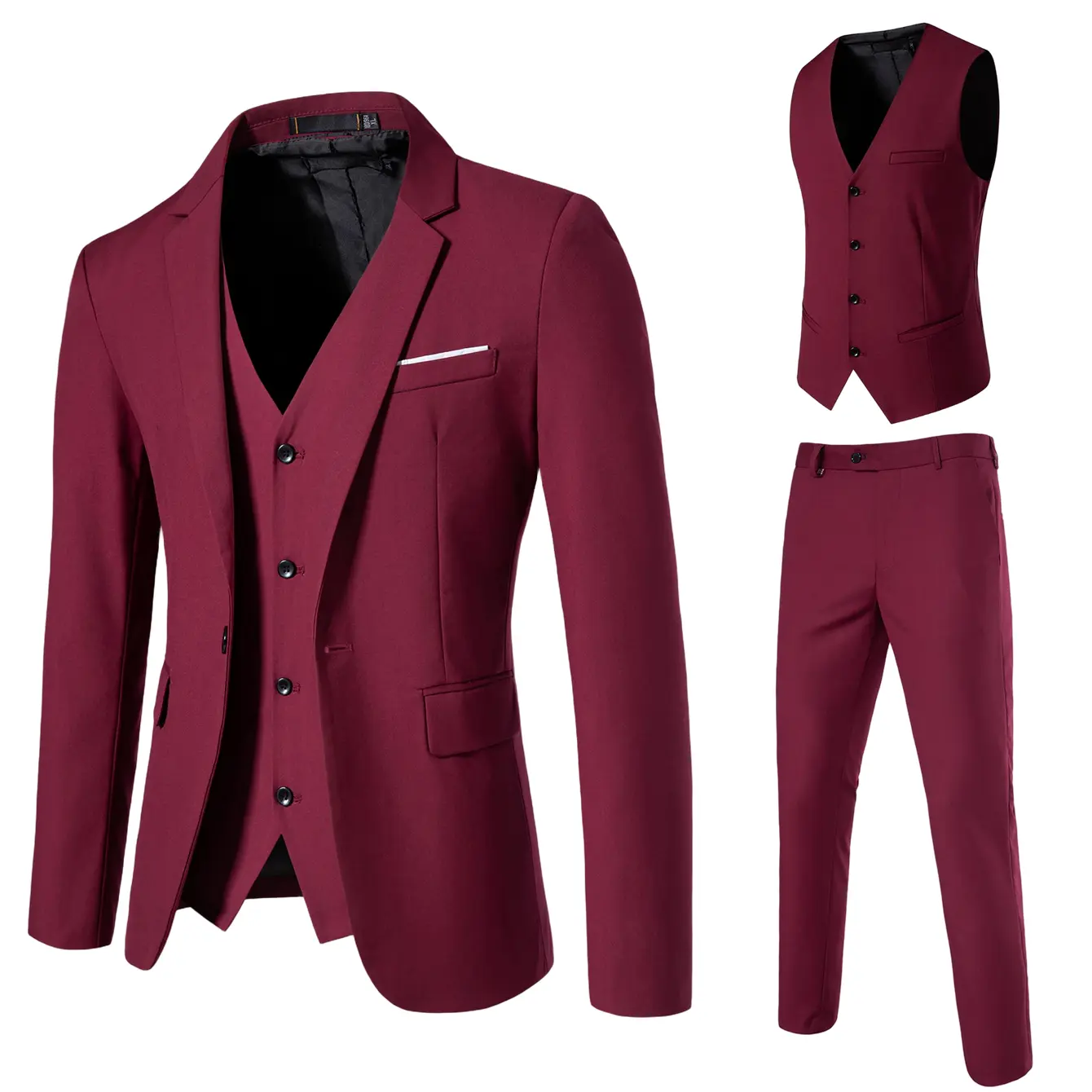 3PCS-Wine red (jacket + vest + pants)