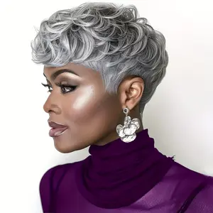 Women's Short Grey Pixie Cut Wig - Heat Resistant Synthetic Hair with Layers & Bangs, Natural Gray Curly - Elegant Elderly Lady Wig for Everyday, Parties, Cosplay - Secure Rose Net Cap - Suitable for All Light Beige Tones