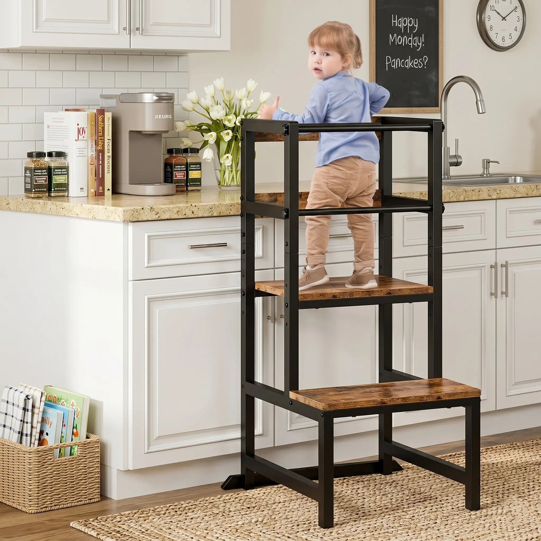 Toddler Kitchen Step Stool, Adjustable Height Learning Tower with Safety Rail, Steel & Wood Kitchen Stool for Kids, Toddler Helper Stool for Kitchen, Non-slip Toddler Tower