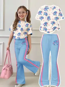 Teen Girls Cream Set, Cute Cartoon Blue Rabbit Pattern, Contrast Trim, Casual Loose Short Sleeve Round Neck Tee and Bell Bottoms