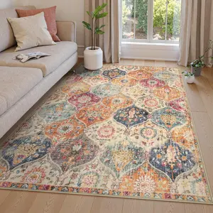 Moroccan Trellis Washable Full-Sized Area Rug 5x7, Indoor Non-Slip Oriental Throw Carpet for Living Room, Bedroom, Cream/Multi Elise Collection, Full-Sized Area Rugs