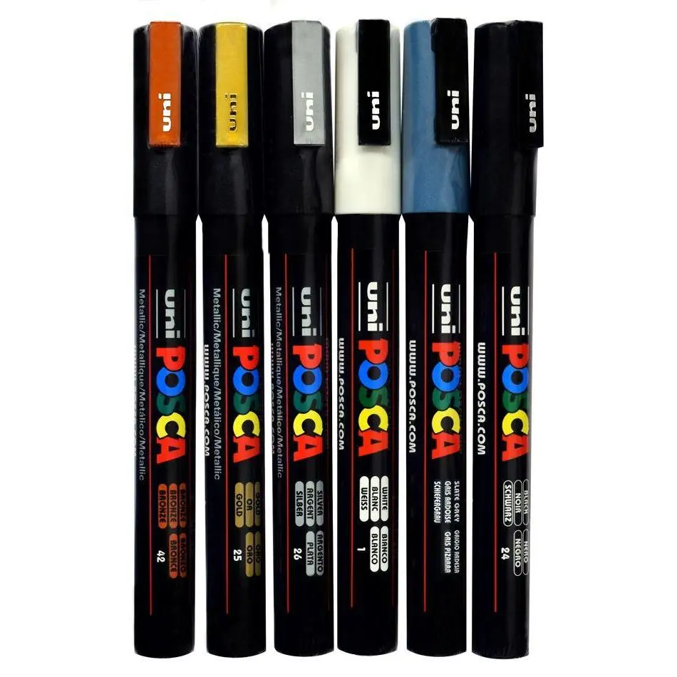 Posca Paint Marker Fine PC-3M Set of 6 Shadowing Colors 1mm Bullet Tip Opaque Water-Based Acrylic Paint Non-Toxic for Metal Wood Glass Plastic Canvas