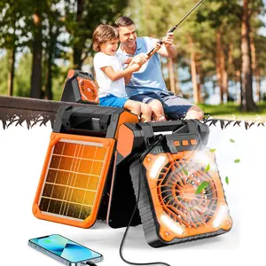 ISUNMEA Solar Camping Fan with Lantern - Rechargeable Battery Operated Fan, 18H Run Time Max, 4 Speeds, 8H Timer, 90° Adjustable Portable Desk Fan for Hurricane, Power Outage, Outdoor Use