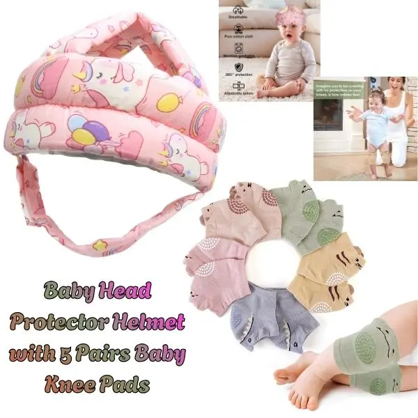 2-in-1 Baby Safety Bundle – Baby Head Protector Helmet with 5 Pairs Knee Pads, Adjustable Protection Set for Crawling & Walking, Toddler Essentials 3-12 Months