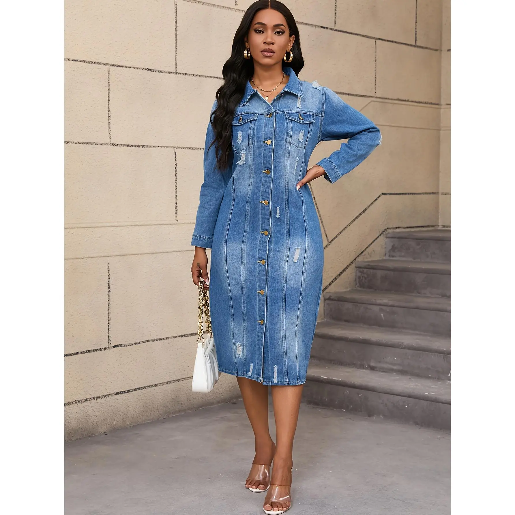 Women's Denim Trench Coat, Casual Long Button-Up Jacket with Washed Distressed Details for Fall/Winter Layering, Solid, No, Hand Wash Only, Polyester, Do Not Dry Clean
