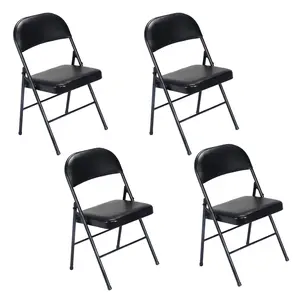 Set of 4 Foldable PVC Dining Chairs, Heavy Duty Iron Frame Folding Chairs with Padded Seat & Back, 330lb Capacity, Floor Protection Foot Caps for Home, Office, Convention, Black