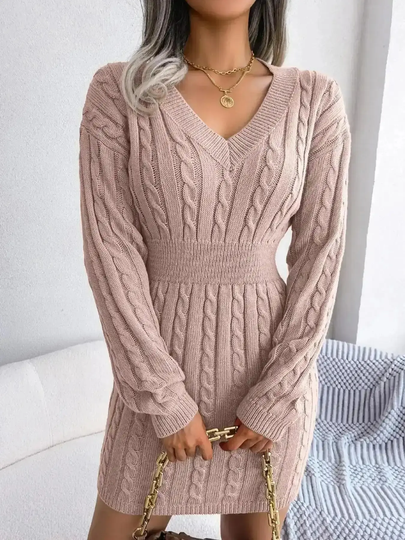Casual 2026 New Model Women's Cable Knit Fitted Sweater Dress With V Neck, Casual Drop Shoulder Style for Fall & Winter Fashion, Holiday Wear, Stretchy, Snug Fit, Flattering Silhouette, Comfy, Waist Cinching
