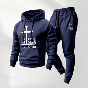 Men's Christian Cross Print 2-Piece Hoodie & Drawstring Sweatpants Set, Casual Athletic Long-Sleeve Hooded Jacket & Trousers for Fall Winter, Daily Wear Athleisure Menswear Tracksuit