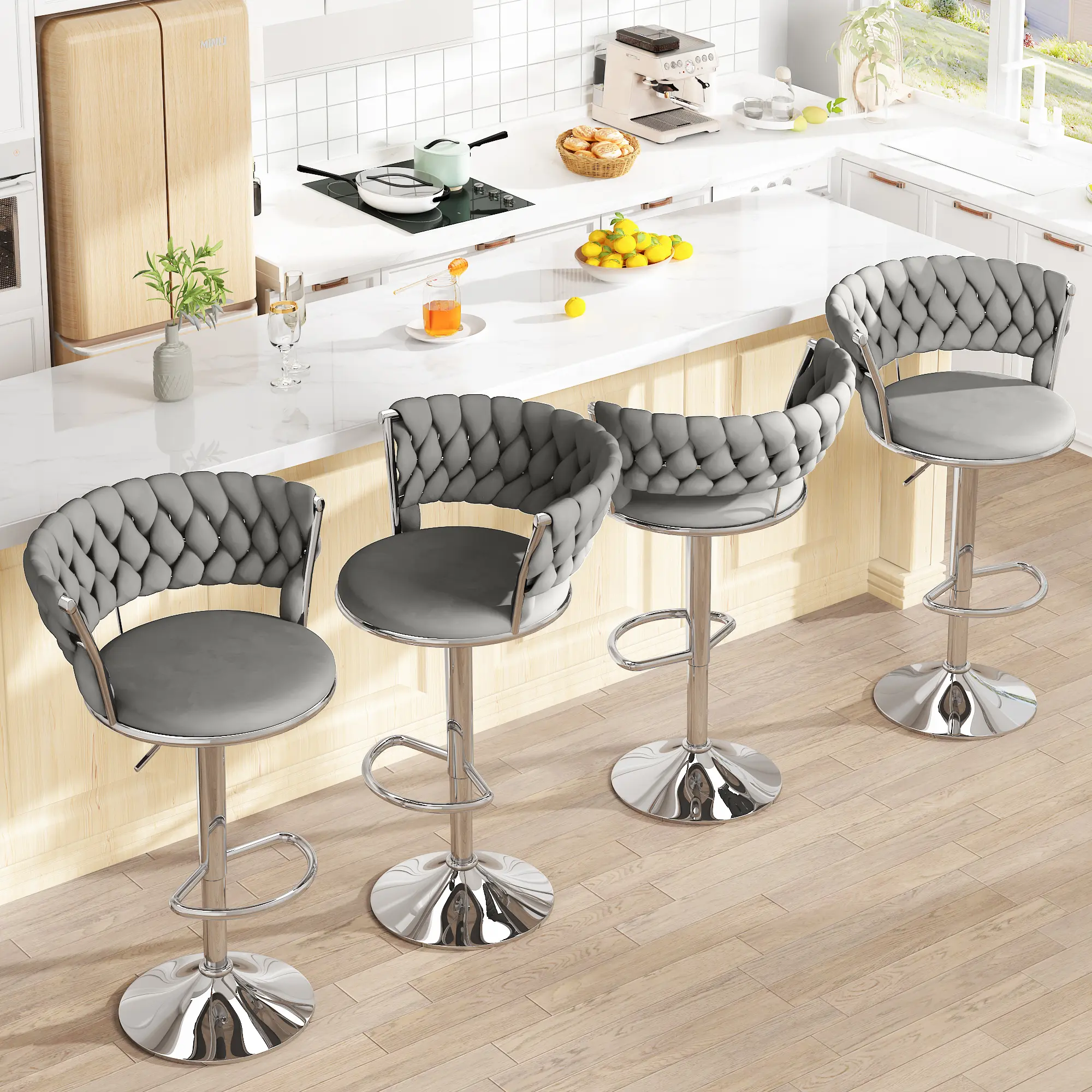AWQM Velvet Bar Stools Set of 4【Ships in 2 Packages (2 per Package)】,  Minimalist Bar Chairs with Adjustable Height, Upholstered Kitchen Island Chairs,  Beige, Black, Grey tiktokshopbacktoschool