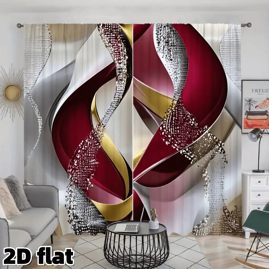 2D Flat 2Pcs Abstract Art Curtains Burgundy Gold Geometric Pattern Semi Sheer Polyester Rod Pocket Panels Modern Elegant Design for Living Room Bedroom Window Treatment Light Filtering Privacy Drapes Home Decoration Curtain for Windows