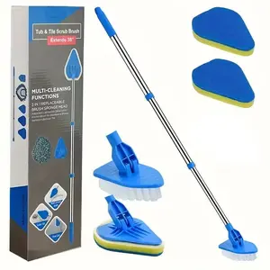 2-in-1 Retractable Restroom Cleaning Brush Set, Bathroom Brush Cleaner, Includes 3 Sponge Heads & 1 Bathroom Cleaning Brush & 1 Stainless Steel Handle, Multifunctional Cleaning Tool for Kitchen, Pool, Bathroom Accessory