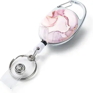 Badge Reels Retractable，Double Sided Color Print Pattern Badge Holders，With Keychain, Clip and Key Ring，Durable Nylon Rope，Pink Marble TJIHACNGE