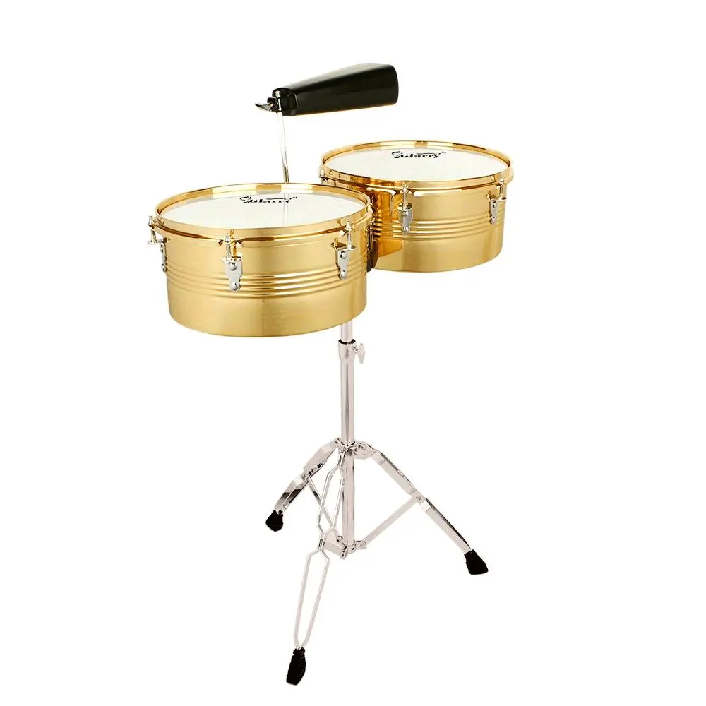 Professional 13" & 14" Metal Timbales Drum Kit - Durable Golden Finish Percussion Instrument, Adjustable Double-Braced Stand, Included Cowbell