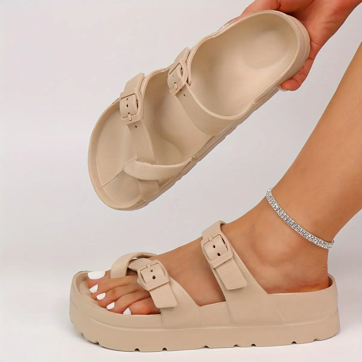 DIOLV Women's Waterproof Adjustable Slide Shoes - Soft Cow EVA, Breathable Platform Sandals, Casual Flat Sandals, Microfiber Insole, Arch Support, Split Toe, Elegant Design, Outdoor-Ready Casual Footwear, Water Proof, Buttons, Casual Wear, Ankle