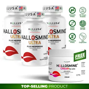 HALLUSA NATURAL HALLOSMINE ULTRA + FREE Cream 180 Cap Diosmin & Hesperidin for Vein Health Support Circulation Hallusa Natural Leg Heaviness Leg Fatigue Supplement