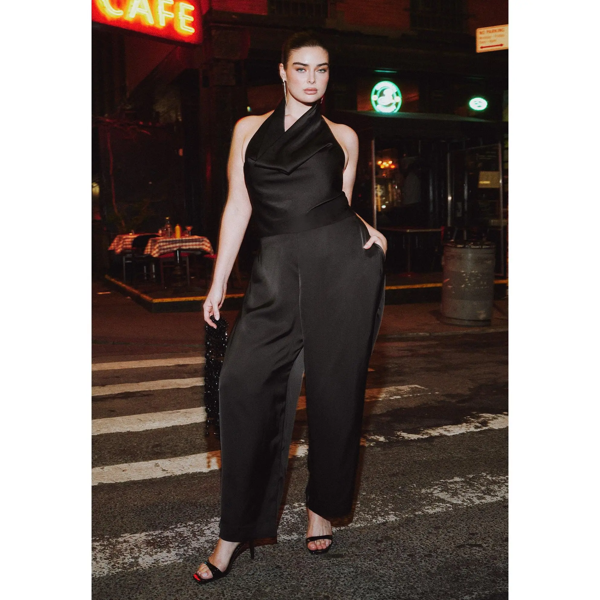 ELOQUII Women's Plus Size Halter Cowl Neck Satin Jumpsuit