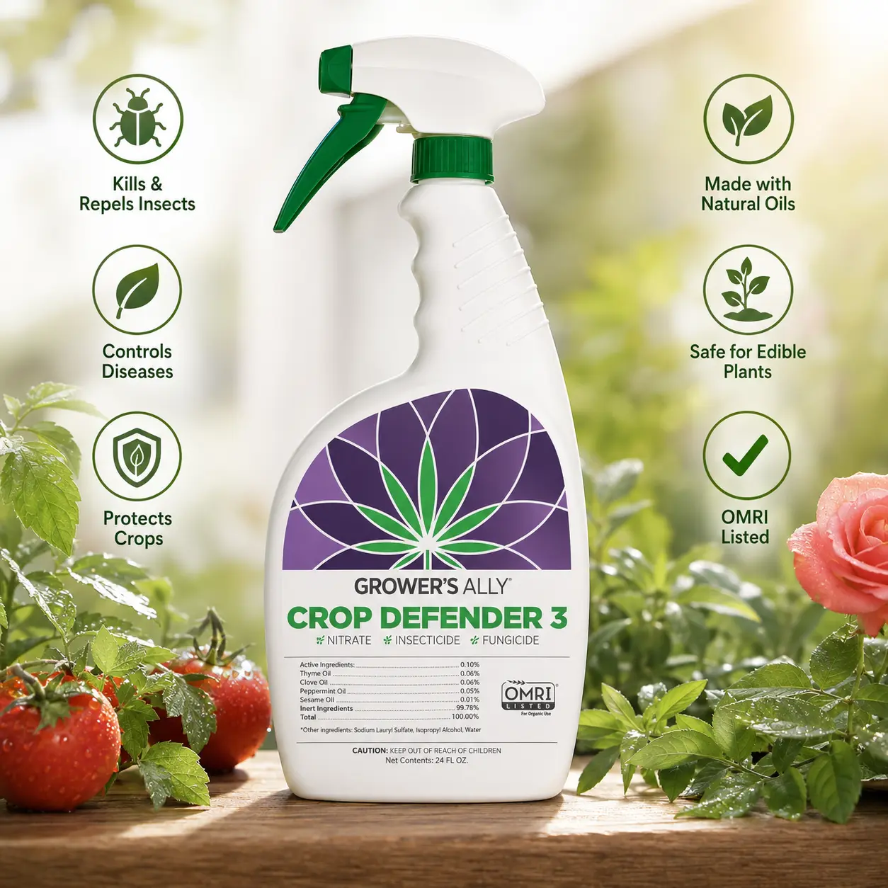 Grower's Ally Crop Defender 3 - 24oz Botanical Oils Triple Action OMRI Listed Natural Garden Safe Spray, Miticide, Insecticide, Fungicide for Powdery Mildew, Spider Mites, Russet Mites, Spray Bottle