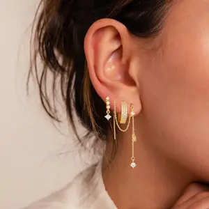 Tewiky 3 Layered Chain Earrings For Women Hypoallergenic Aretes Dangle Earrings Stud Waterproof Jewelry Gift For Blackfriday Christmas