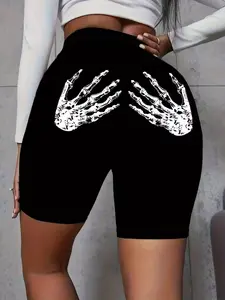 Women's Cartoon Skeleton Hand Print Athletic Shorts, 100% Polyester Knit Fabric, Medium Stretch, Breathable, Slim-Fitting, Casual Wear, Breathable Summer Shorts