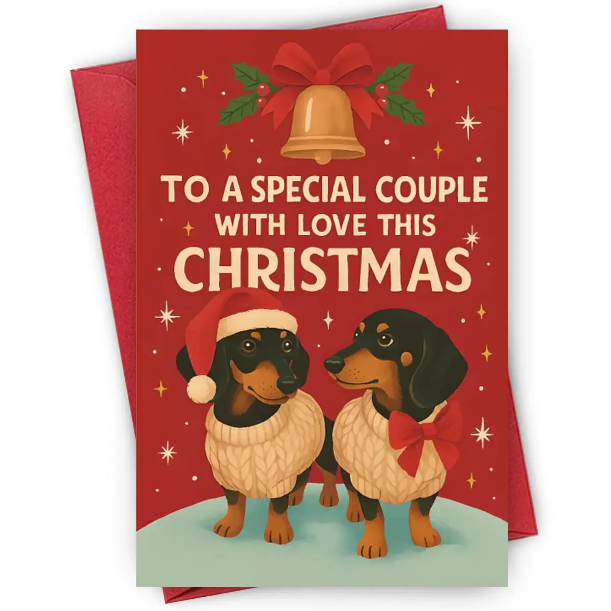 1pc Christmas Card for a Special Couple, Paper Material with Envelope, Cute Design Featuring Dachshunds in Sweaters, Festive Greeting "With Love This Christmas" for Husbands, Wives, Newlyweds
