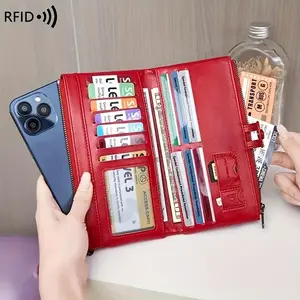 RFID Blocking Retro Large Capacity Long Wallet, PU Leather Solid Color Women’s Purse, Multi-Functional Zipper Wallet for Passport, Tickets, Credit Cards, and Large Screen Phones