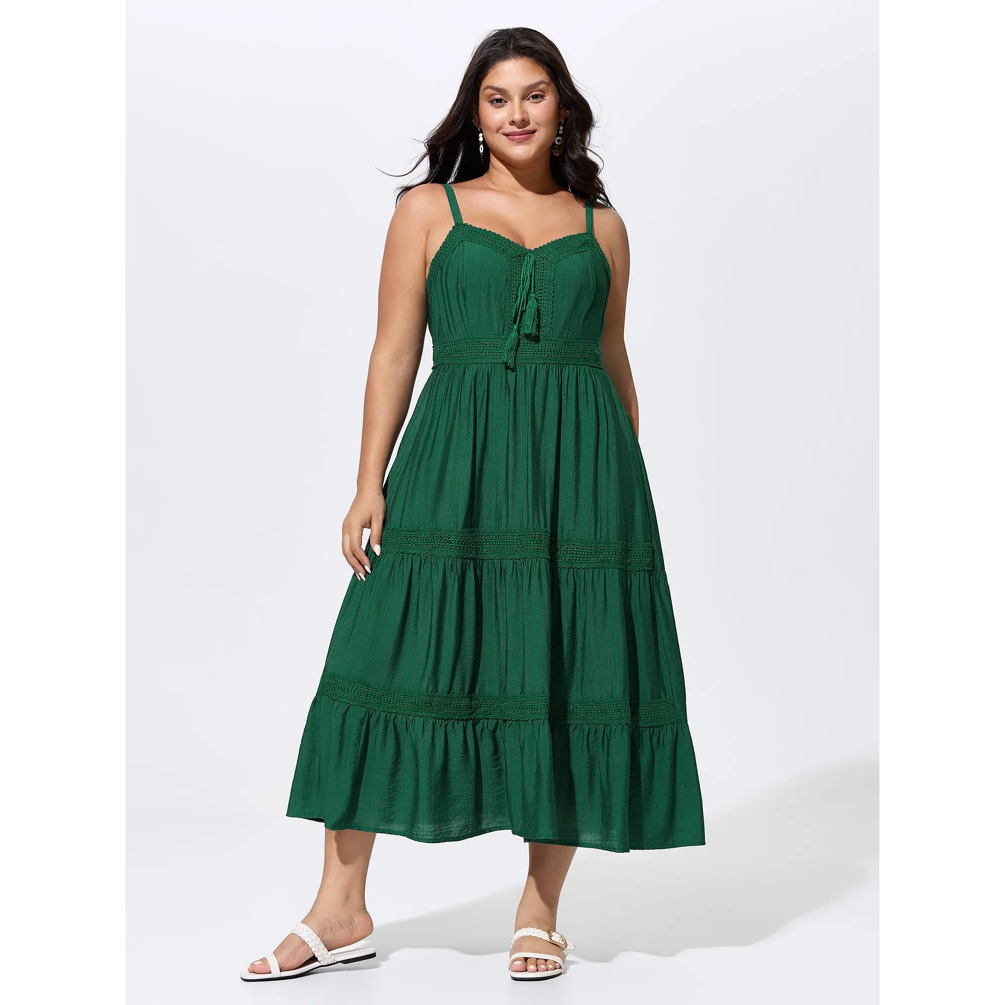 BLOOMCHIC Plus Size Tassel Lace Trim Tiered Midi Dress[M-6X] Summer Finds, Smooth, Garment