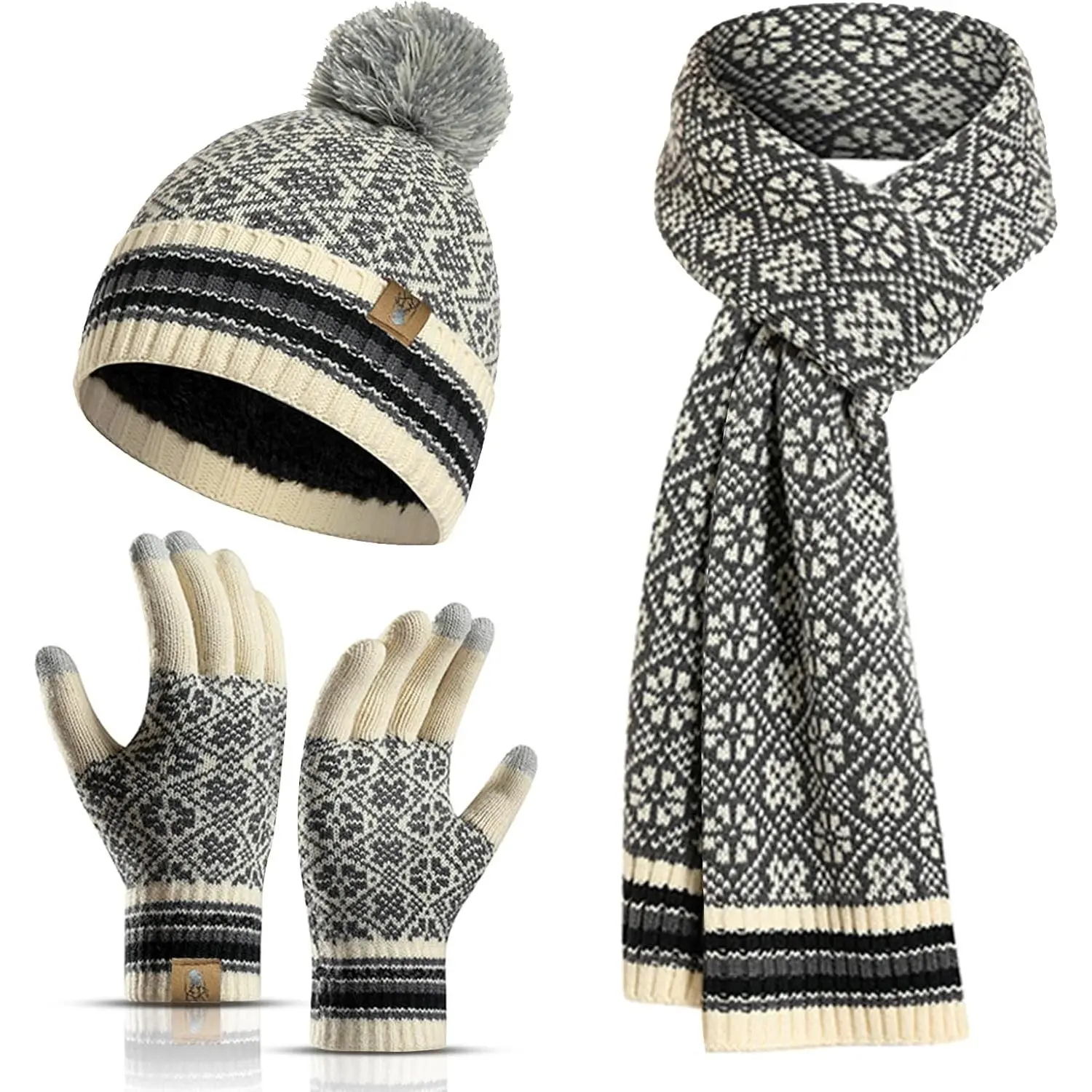 Unisex 3-Piece Winter Sports Beanie Set - Fleece-Lined Skull Cap with Pompom, Long Scarf, Warm Knitted Touchscreen Gloves for Snowboarding, Christmas, Camping, Casual, Casual Wear, Cuffed Thick Beanie Hat, Acrylic Wool, Pompom Hat, Outdoor Sports, One Siz