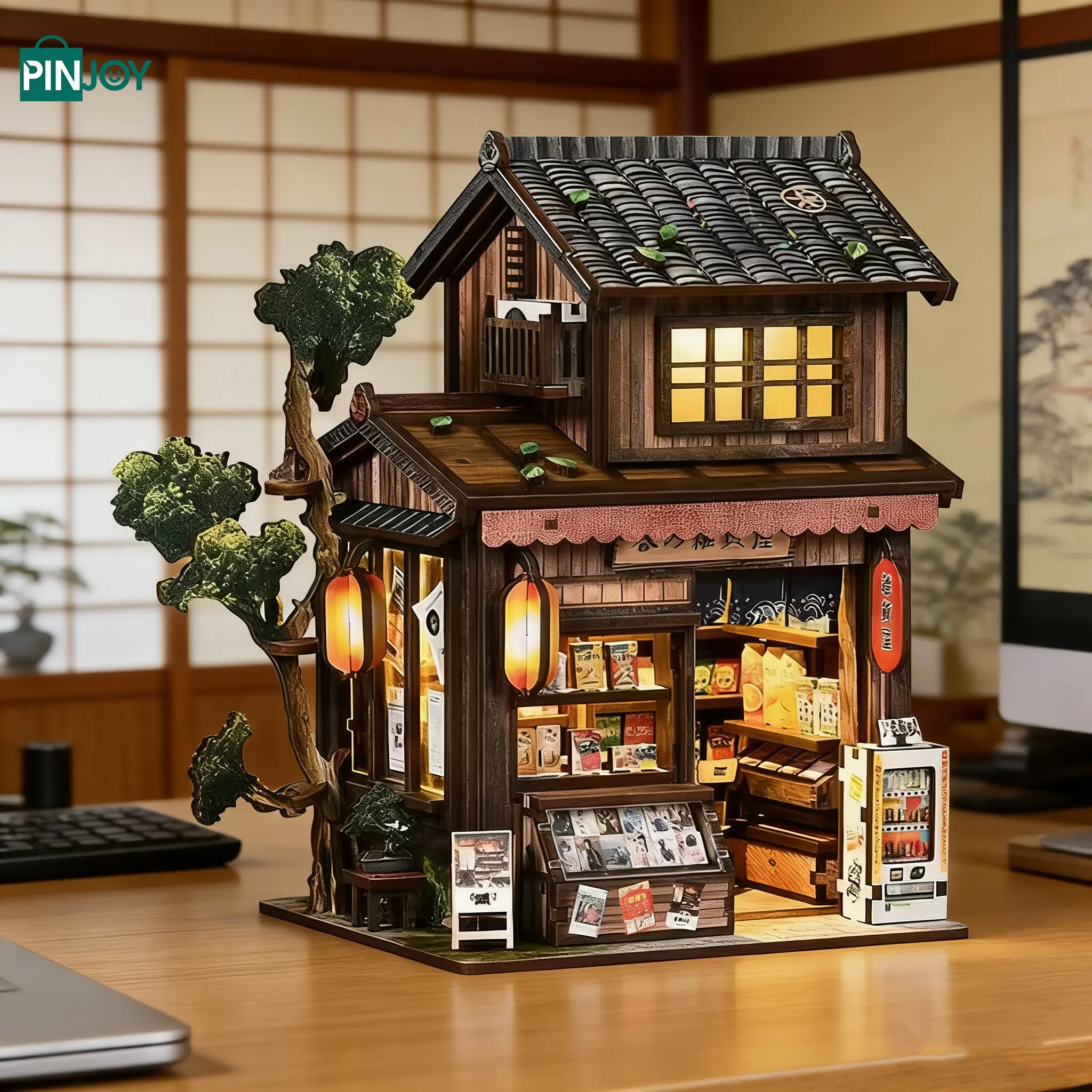 Small Shop Model DIY, Spring Grocery Store Handmade Assembly House, 3D Puzzle Miniature House Ornament, Wooden House Kit Adults, Adult Stress Relief Toy, Building