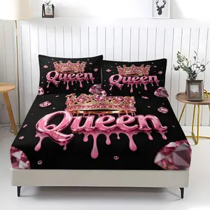 Sparkling Pink Crown Queen Pattern Fitted Sheet, Luxurious Princess Style Bedding Set, Soft Comfy Bedding (1 Sheet + 2 Pillowcases, No Pillow Insert), Suitable For Girls, Teenagers, Fashion Lovers, Guest Rooms, Dormitories, Master Bedroom Scenes
