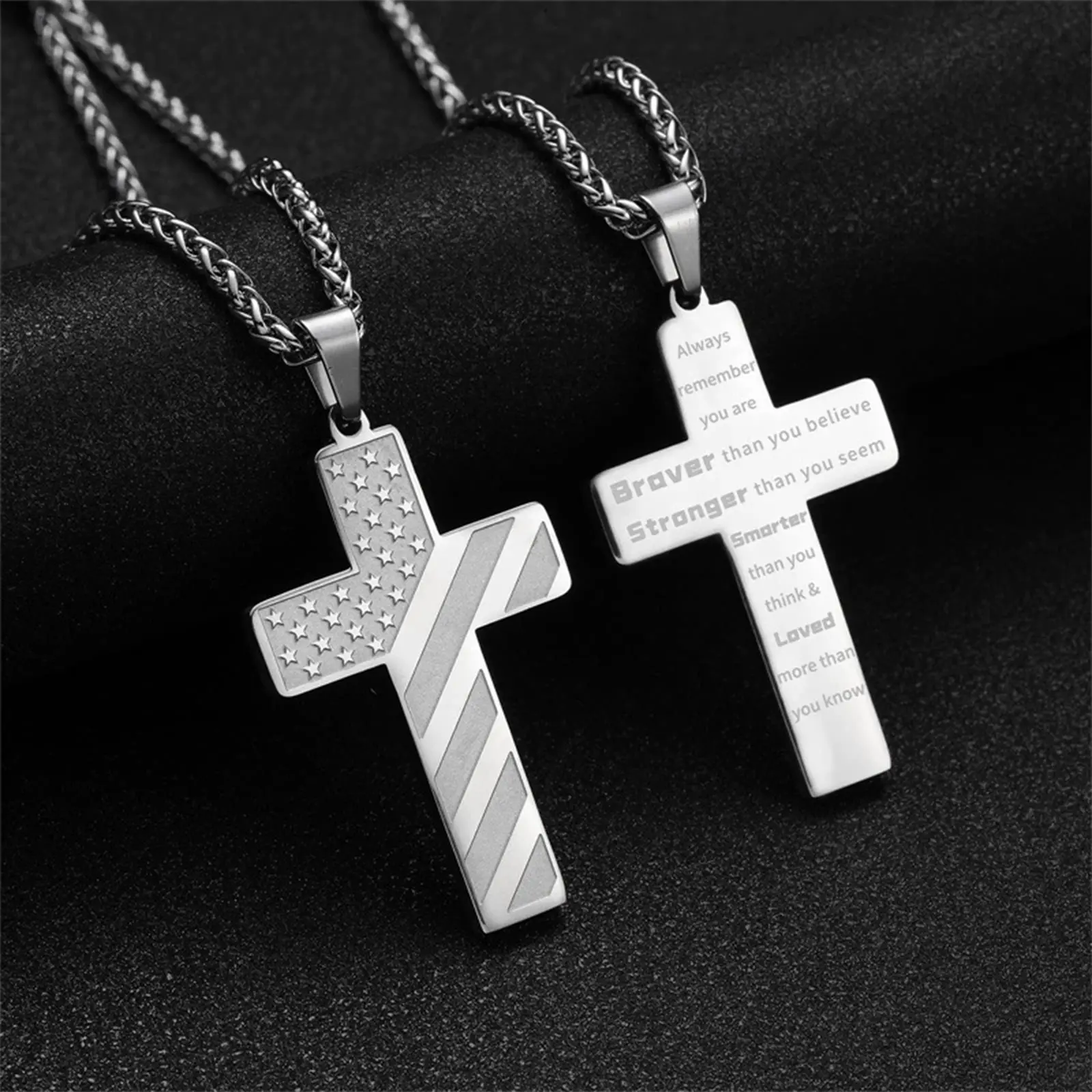 2Pcs American Flag Dual-Sides Cross Pendants Necklace Set with Box Chain, Stainless Steel Inspirational Bible Verse Jewelry for Men, Religious Baptism Communion Gifts,back to school,back to school haul
