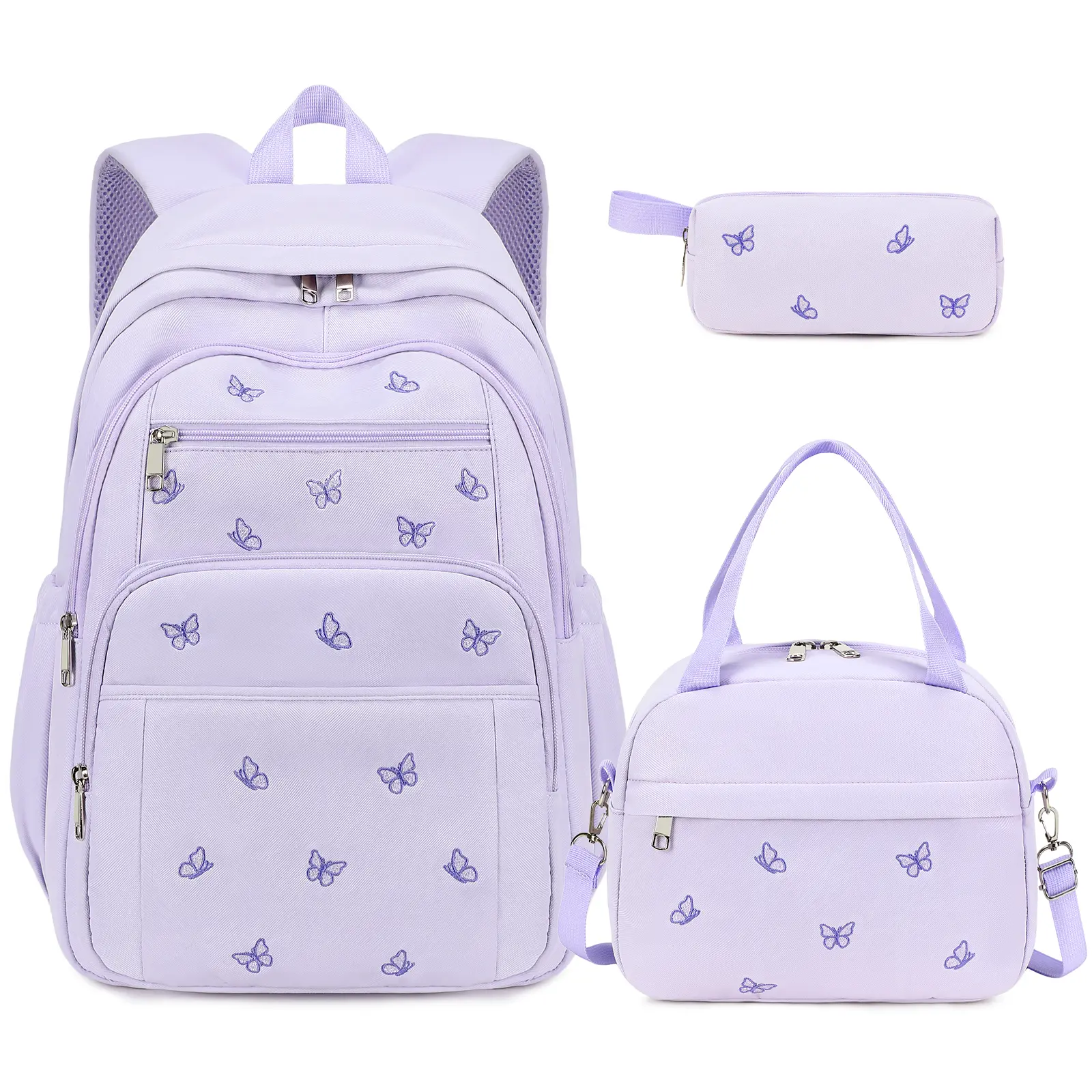 Girls Backpack - 3PCS Embroidered Backpack Set for Girls with Lunch Bag and Pencil Case, Cute School Bookbag for Elementary Middle High School Students, Back to School Supplies