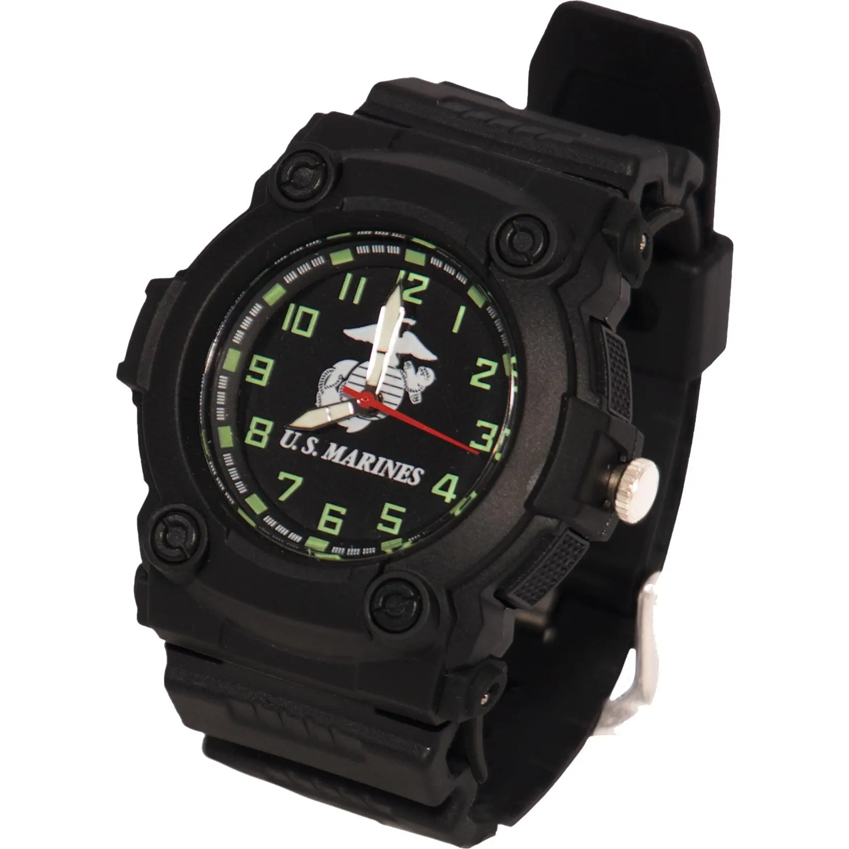 Officially Licensed US Marines Men's Aquaforce Combat Look Light-Up Water Resistant Nautical Fashion Quartz Analog Wristwatch - Black Round Luminous Globe Dial with Hour Markers, Rubber Band, Stainless Steel Back, Casual Wear, Water Resistant Watch