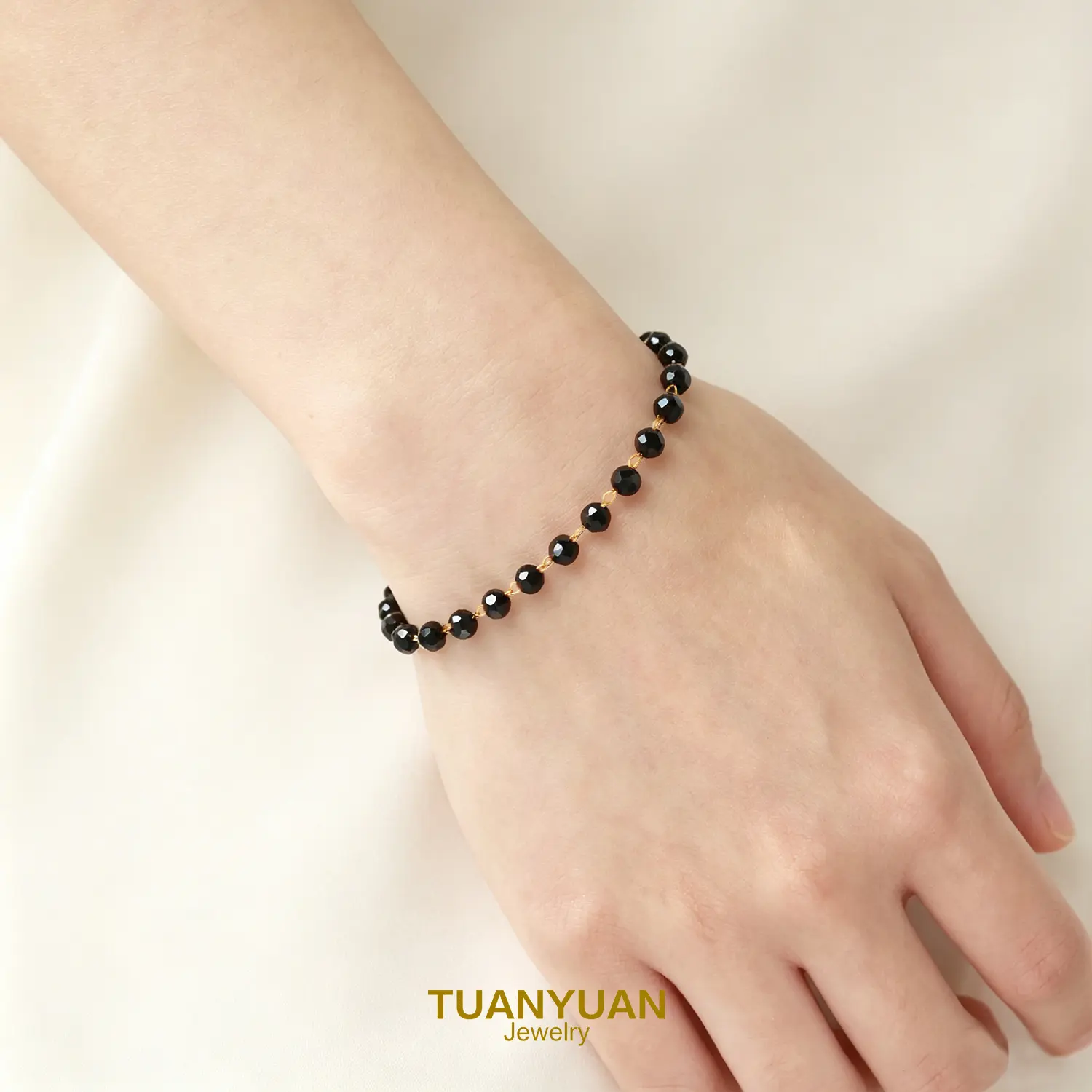 Dainty Faceted Black Bead Bracelet, 18K Gold Plated Adjustable Bracelet Extender Minimalist Crystal Bracelet Gift For Her