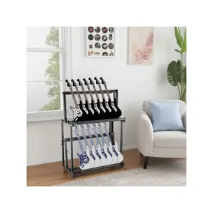 Multi Guitar Stand 2 Tier, 14 Holder Height Adjustable Multiple Guitars Display Rack For Guitars Guitar Amp Accessories For Home Music Studio, Protects Your Instruments Black