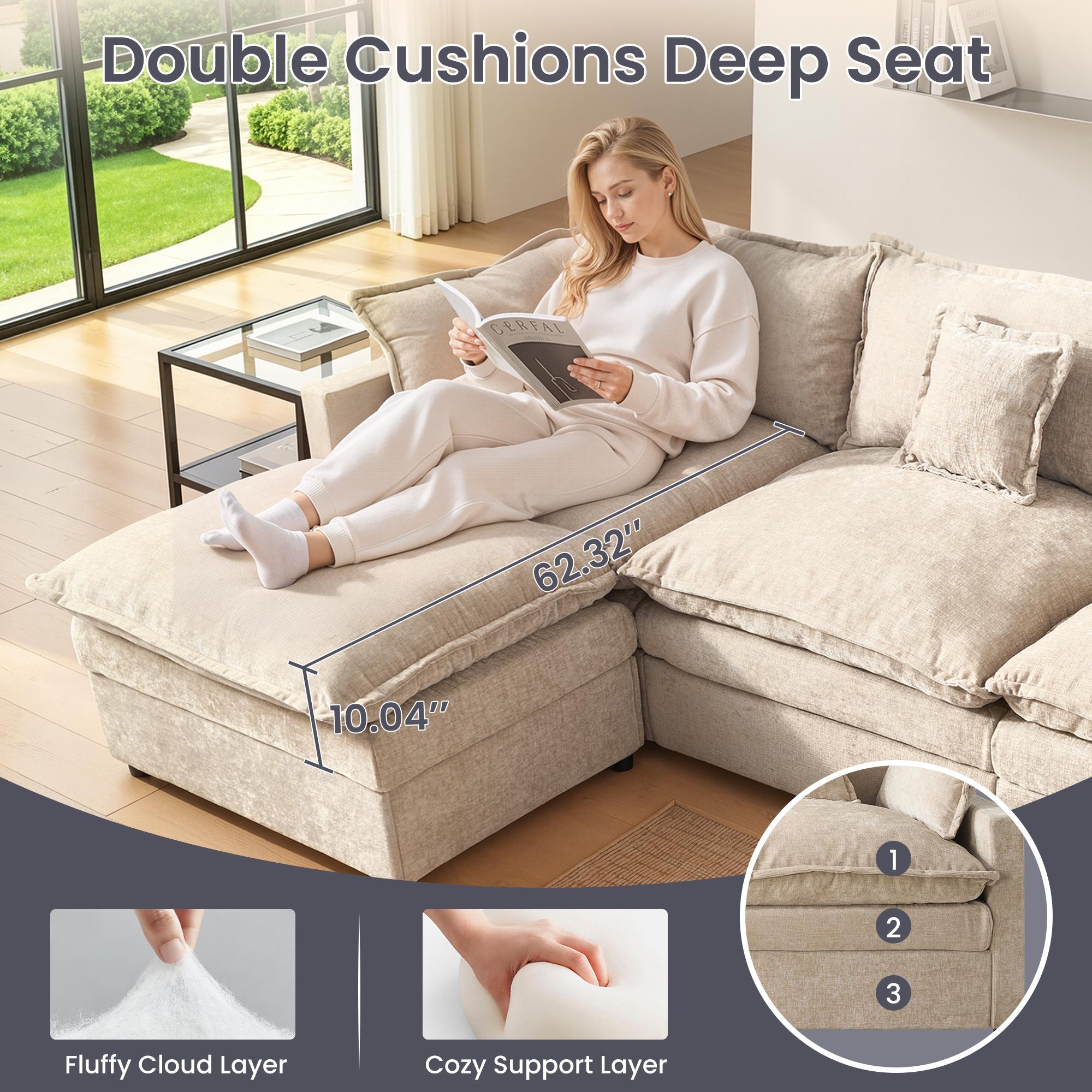 CAODOC 143" U-Shaped Modular Sectional Sofa with 2 Ottomans, Comfy Chenille Cloud Couch, Deep Seat Sofa Bed with Pillows for Living Room, Bedroom & Apartment【2/3 Packages Shipping】