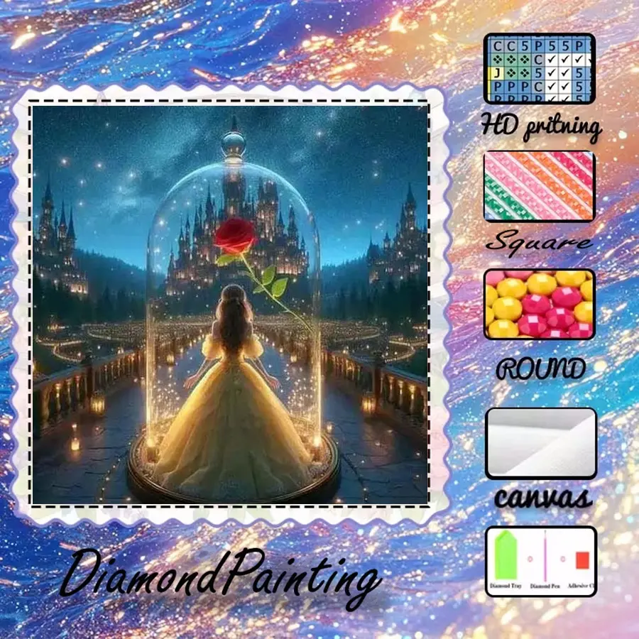 5D-DIY, high-grade velvet canvas, diamond art, diamond painting kit, dream, castle, rose AB diamonds, fairy dust diamonds, crystal diamonds, perfect home decoration, handmade diamond art painting kit, special craft diamond art kit, Diamond Art Tools