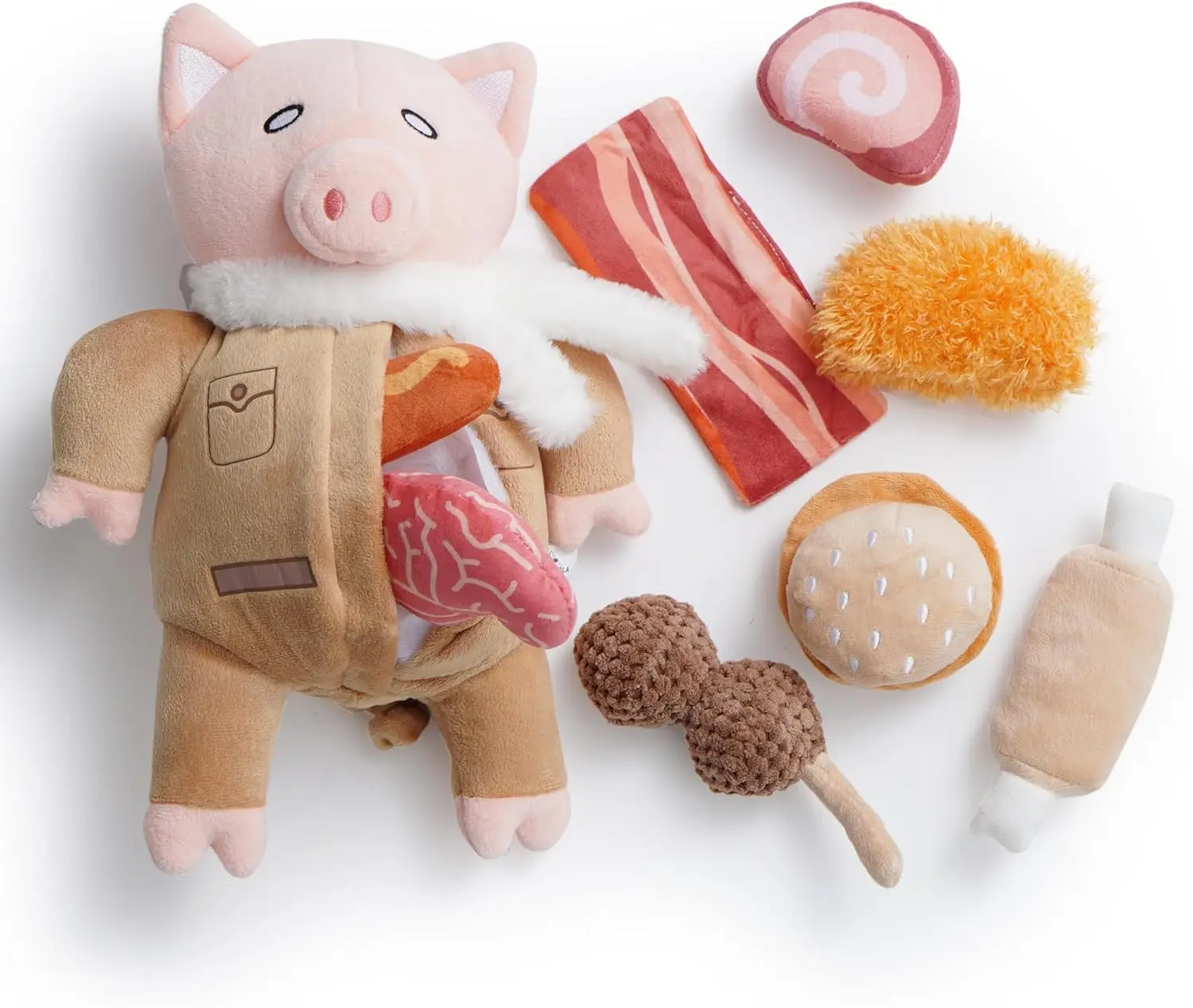 Nocciola 9-in-1 Pig Plush Dog Toys, Funny Piggy Puzzle Toy with 8 Pork Food Squeaky & Crinkle Toys, Dog Training Toys, Stimulating Enrichment Toys for