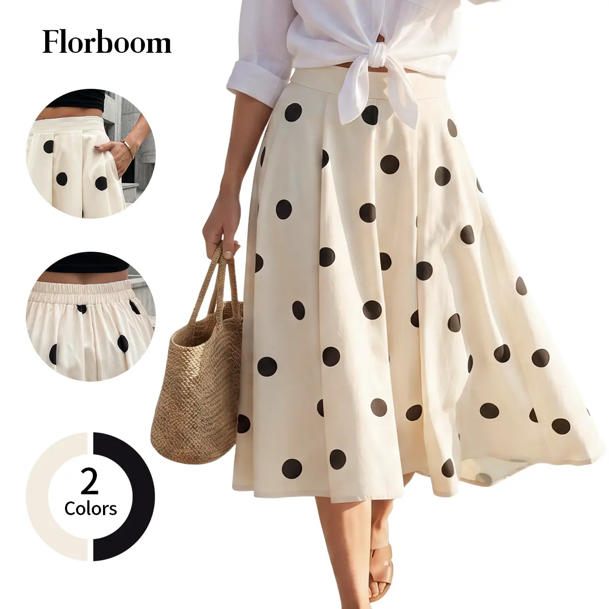 Florboom Women's Pokla Dot Midi Skirt Casual to Dressy High Waist Fashion A-Line Flowy Skirts for Work, Daily Wear, Vacation Bottom
