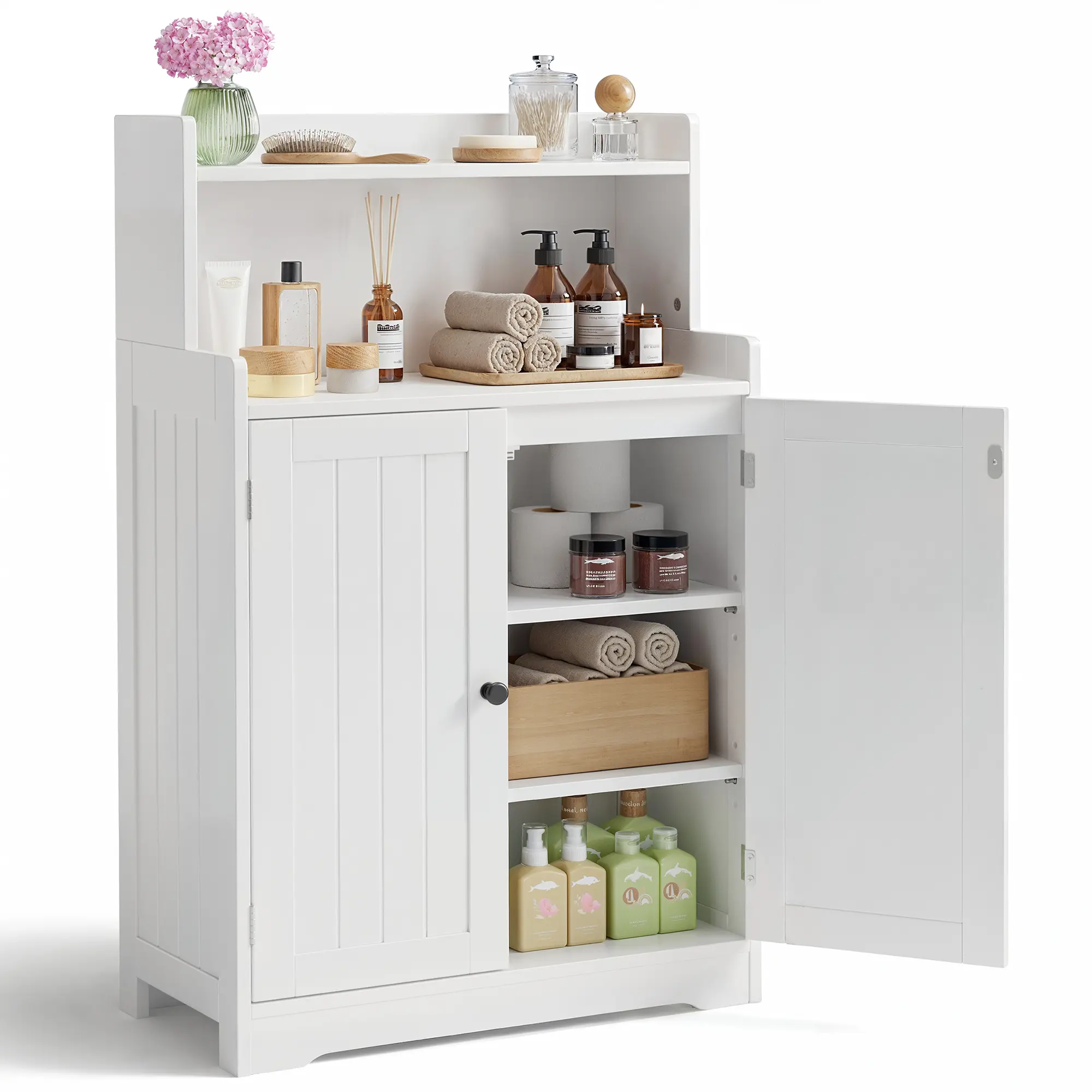 Gizoon 40"H Sturdy Wood Adjustable Side Cabinet - Double-Door Floor-Mounted Tall Cupboard with 2 Adjustable Shelves, Assembly Required for Bathroom, Kitchen, White