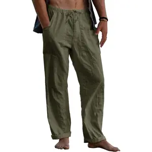 Mens Linen Pants Yoga Beach Loose Fit Casual Elastic Waist Drawstring Summer Harem Baggy Trousers with PocketsGift