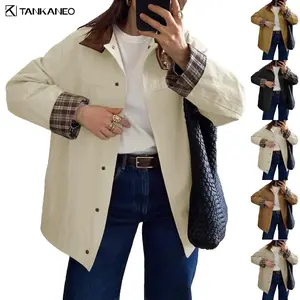 Tankaneo Womens Trench Coat Oversized Fall Barn Jacket Leather Collar Plaid Color Block Windproof Overcoat