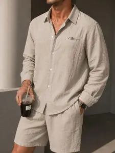 Men's 2 Piece Set, Embroidered Textured Long Sleeve Shirt, Pleated Wide Leg Shorts, off Breathable Summer Casual Set