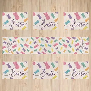 7pcs Easter Table Runner with 6 Placemats Easter Peeps Decorations Colorful Easter Runner for Table Seasonal Spring Holiday Decor for Indoor Outdoor Dining Table Decorations