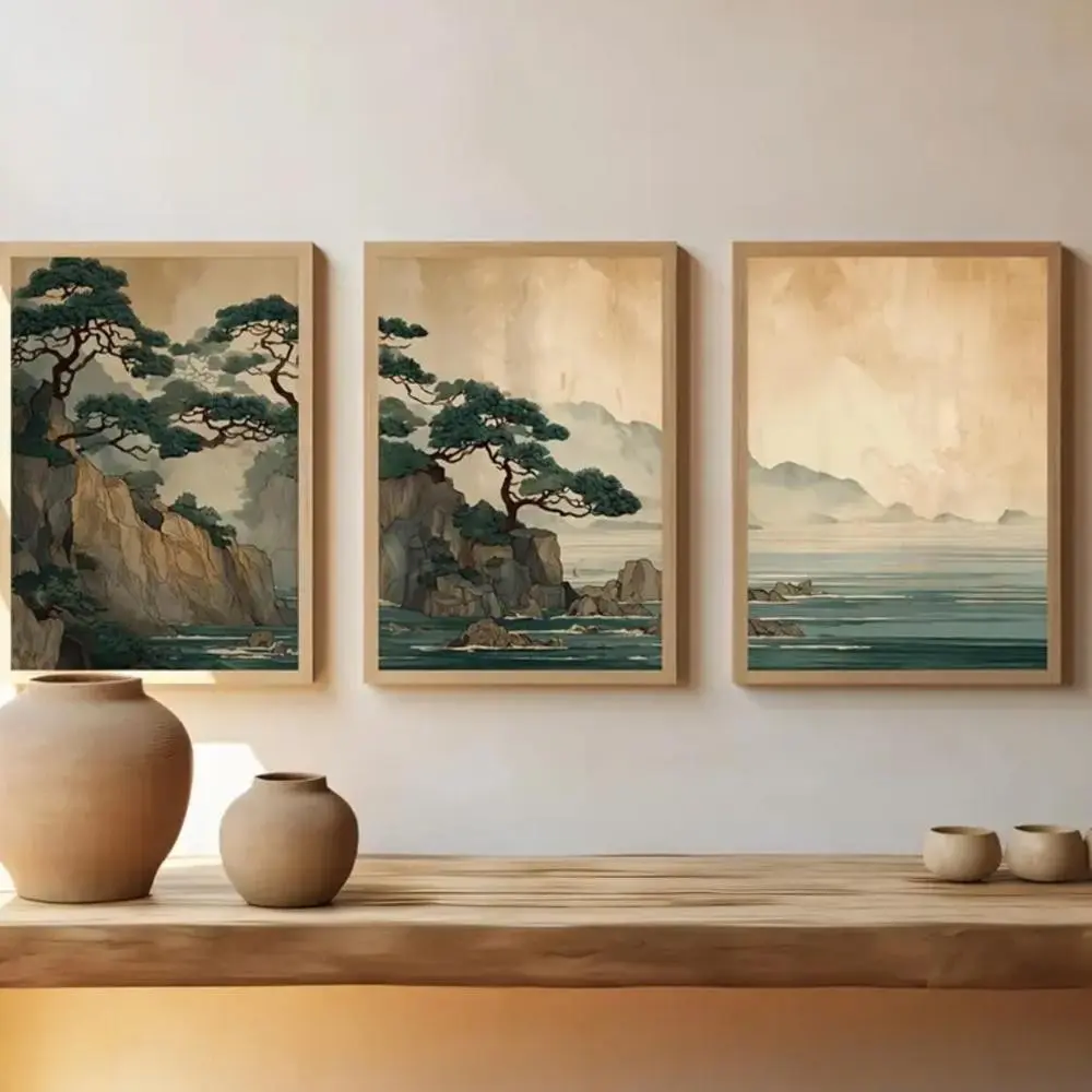 3 Pieces Vintage Japanese Cliff Ocean Art Prints, Japanese Zen Wall Mural, Serene Home Art, Oriental Aesthetic Gallery Decor, Decorative Artwork, Soft Tone Painting, Wall Decor for Living Room and Tea Room, Framed or Unframed, Art Canvas Prints.