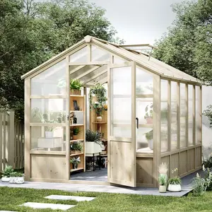 GAOMON 8X10 FT Outdoor Wooden Greenhouse with Lockable Door and Adjustable Roof Vent, UV Protection, Cedar Wood Walk-in Green House for Outdoor, Garden, Yard, Light Brown