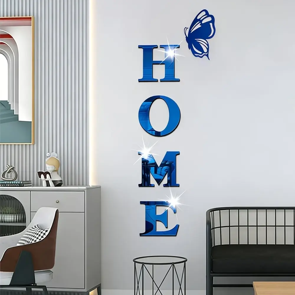 5pc, Blue letters HOME butterfly family logo mirror wall sticker, DIY self-adhesive removable acrylic three-dimensional wall sticker for home decoration, used for wall decoration in living rooms, bedrooms, and entrances, Decorative Stickers