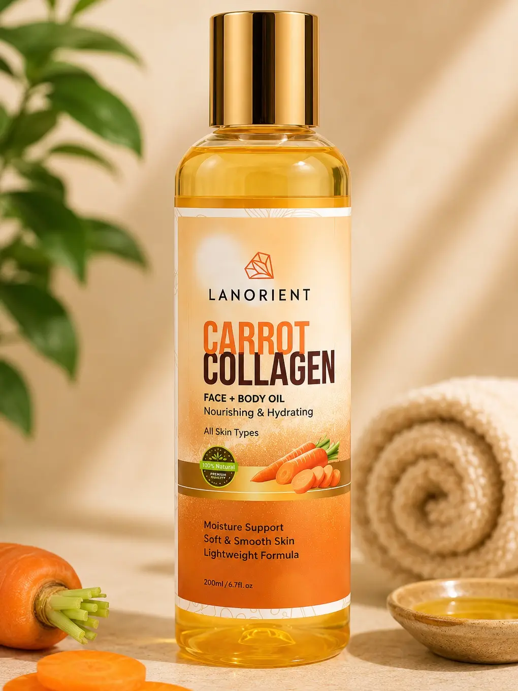 Carrot Collagen Face & Body Oil, Nourishing Lightweight Daily Moisturizer for Body Care, Hydrating Formula, 200 ml, Apply Daily, Soothing Body Oil