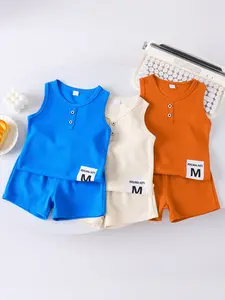 Summer Boys Mixed Color Three-Piece Waffle Round Neck Vest + Shorts Set, Casual Fashion Vacation for Little Kids, Outfit